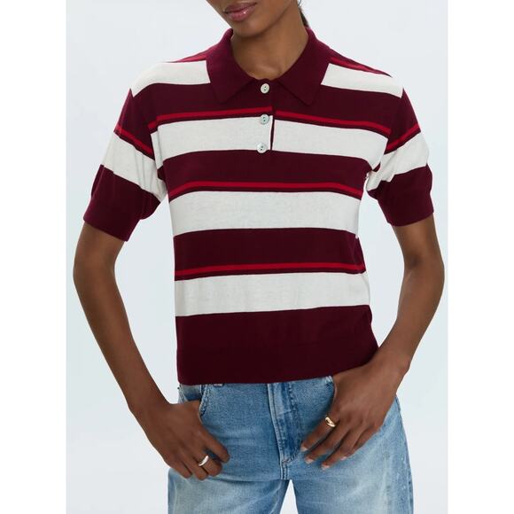 NWT Pistola Drea Polo Ruby Sangria Stripe Cotton Sweater Top Shirt Red Small - Picture 6 of 7